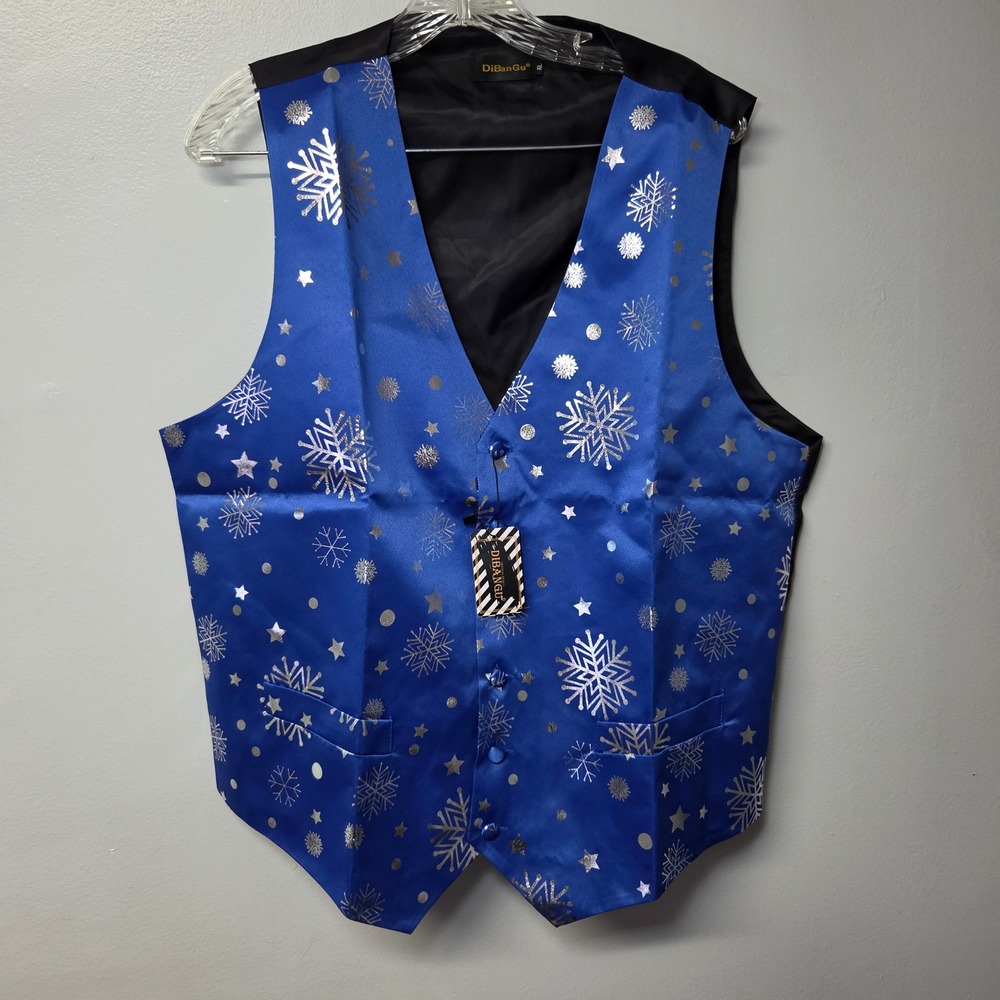 DiBanGu Mens Blue Silver Snowflake Christmas Vest Bow Tie Set XL
